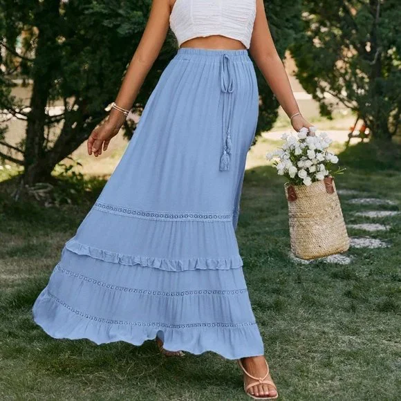 Blue Boho Womens Tie Waist Ruffle Hem Skirt - Picture 3 of 5